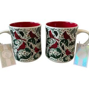 Peppermint & Pine Christmas Red Cardinal Coffee Mug Winter Tea Cup Set of 2 NEW